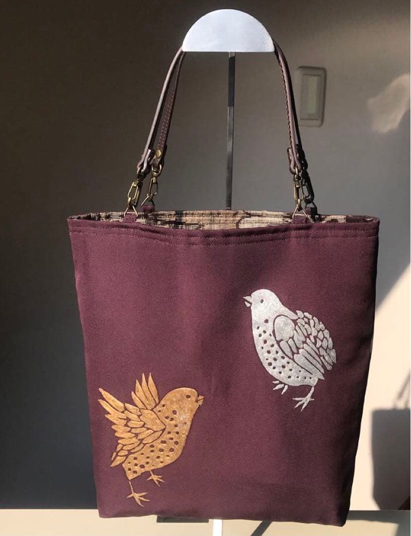 コンパクトサイズ帯リメイクブラウンパープル鳥デザイン トートバッグ