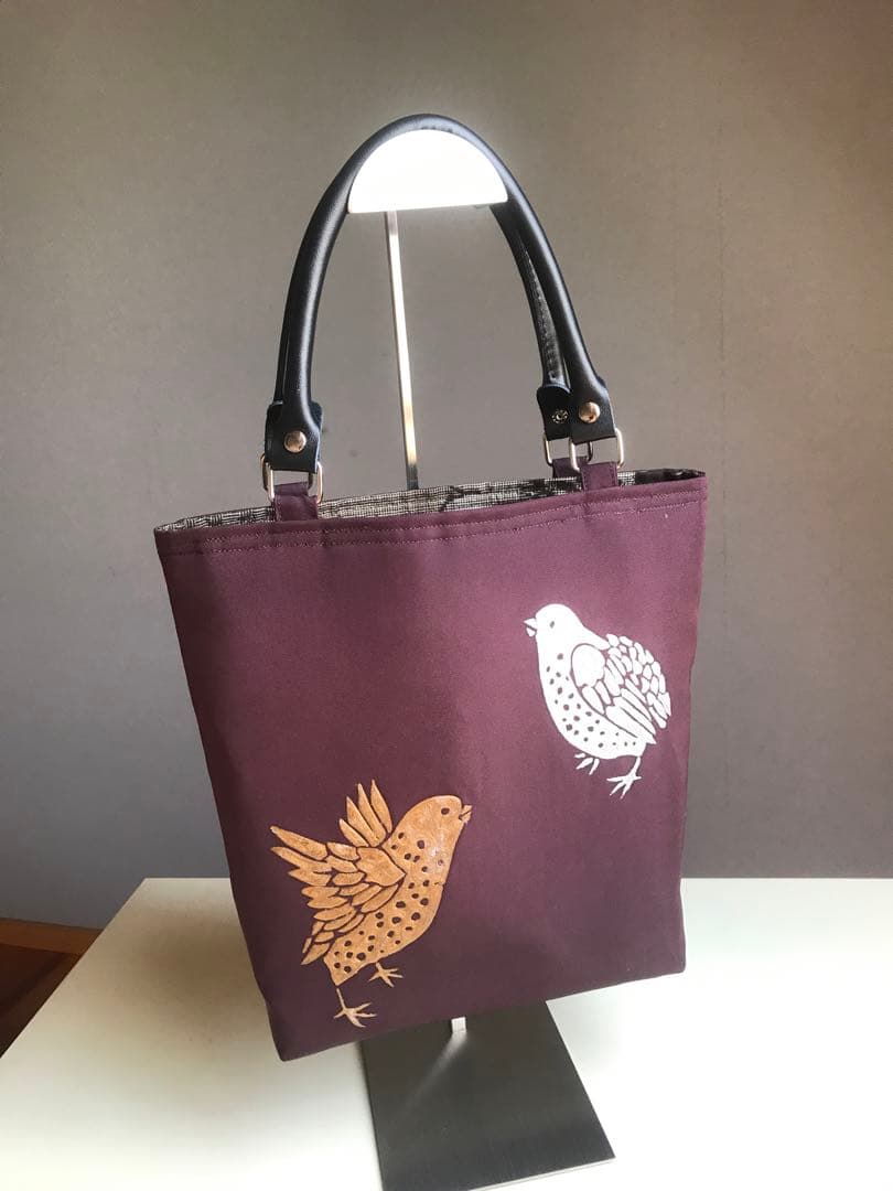 コンパクトサイズ帯リメイクブラウンパープル鳥デザイン トートバッグ