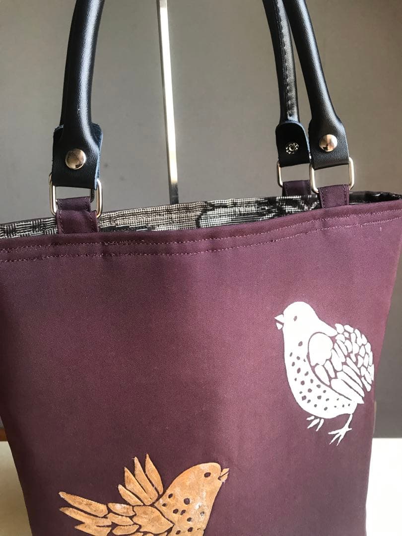 コンパクトサイズ帯リメイクブラウンパープル鳥デザイン トートバッグ