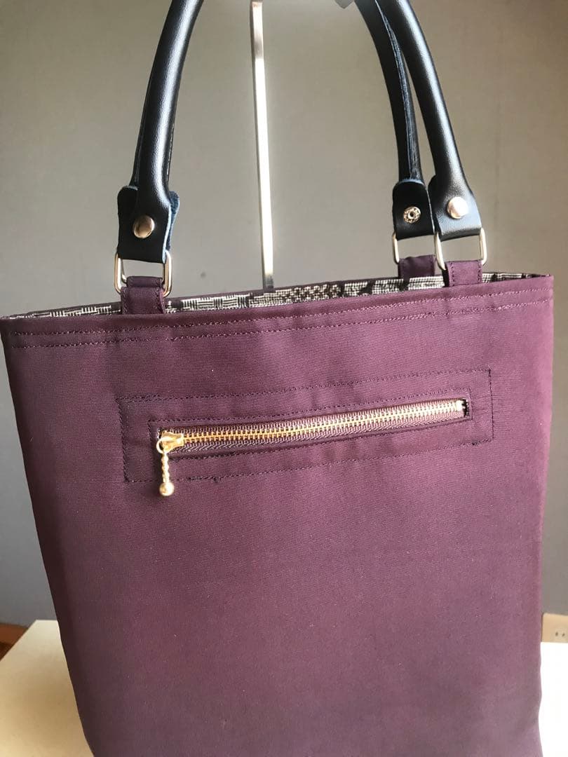 コンパクトサイズ帯リメイクブラウンパープル鳥デザイン トートバッグ