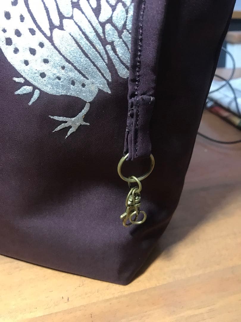 コンパクトサイズ帯リメイクブラウンパープル鳥デザイン トートバッグ