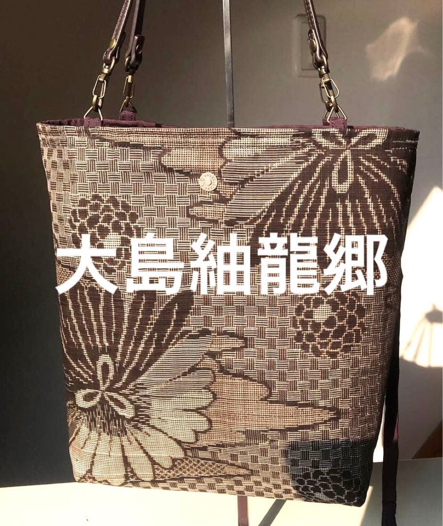 コンパクトサイズ帯リメイクブラウンパープル鳥デザイン トートバッグ