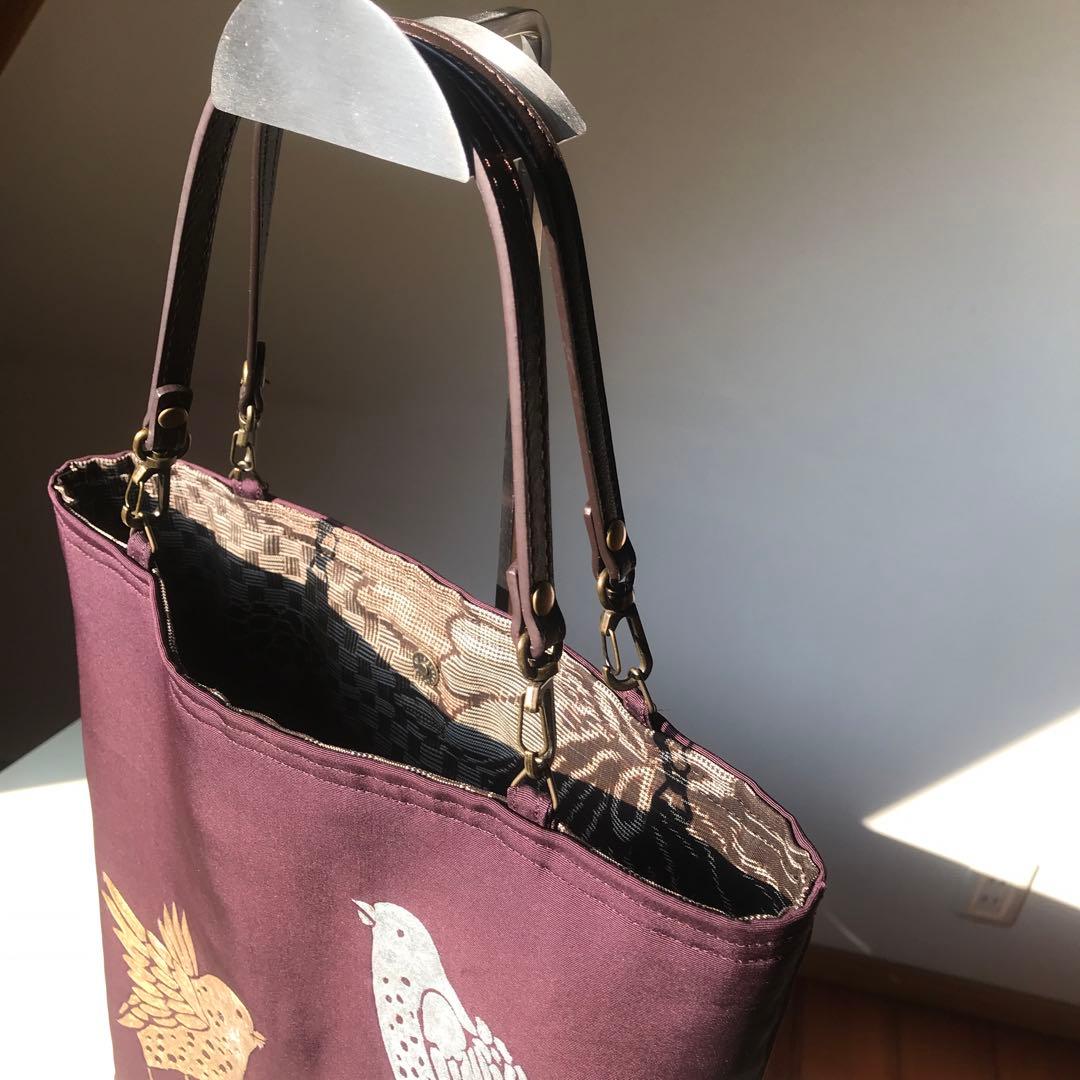 コンパクトサイズ帯リメイクブラウンパープル鳥デザイン トートバッグ