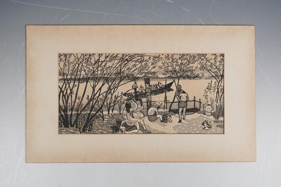 奥山儀八郎 「矢切の渡し」額装 木版画