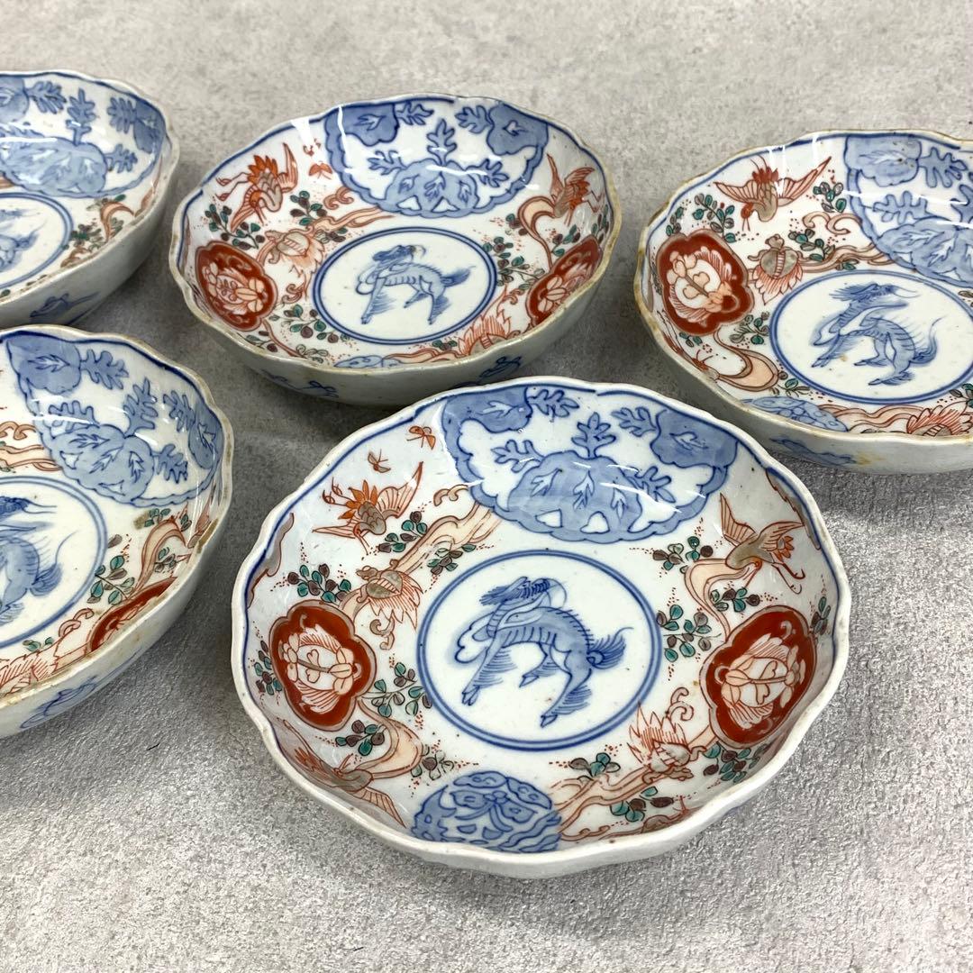 なます皿 5点 直径13.1cm 鶴亀 蝶 色絵 古皿 伊万里 有田 13
