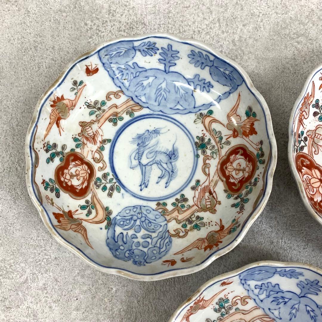 なます皿 5点 直径13.1cm 鶴亀 蝶 色絵 古皿 伊万里 有田 13
