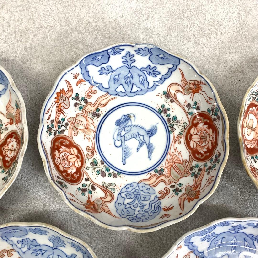 なます皿 5点 直径13.1cm 鶴亀 蝶 色絵 古皿 伊万里 有田 13