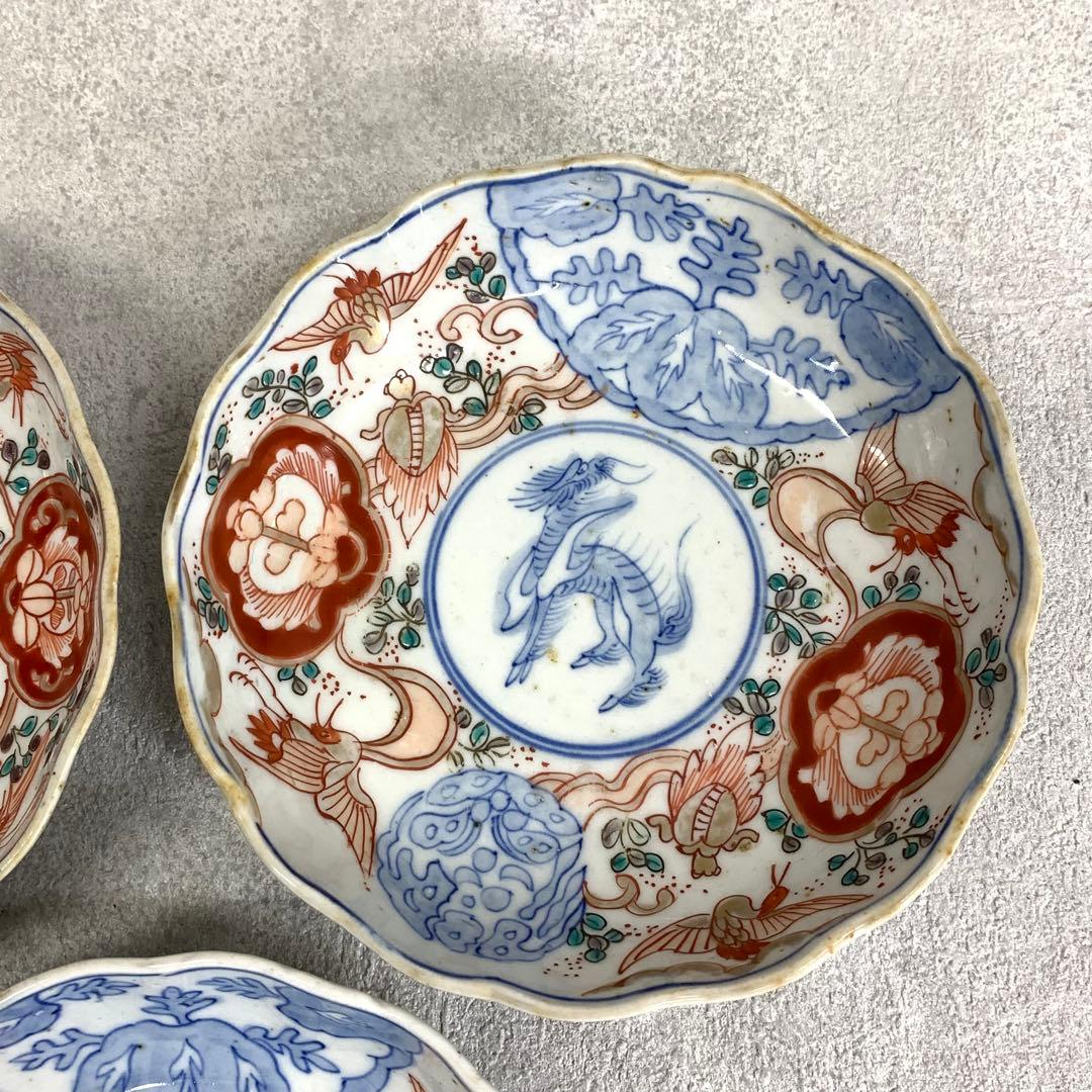 なます皿 5点 直径13.1cm 鶴亀 蝶 色絵 古皿 伊万里 有田 13