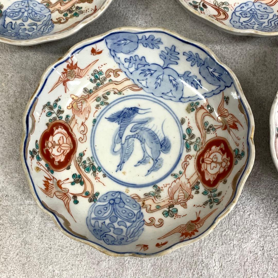 なます皿 5点 直径13.1cm 鶴亀 蝶 色絵 古皿 伊万里 有田 13