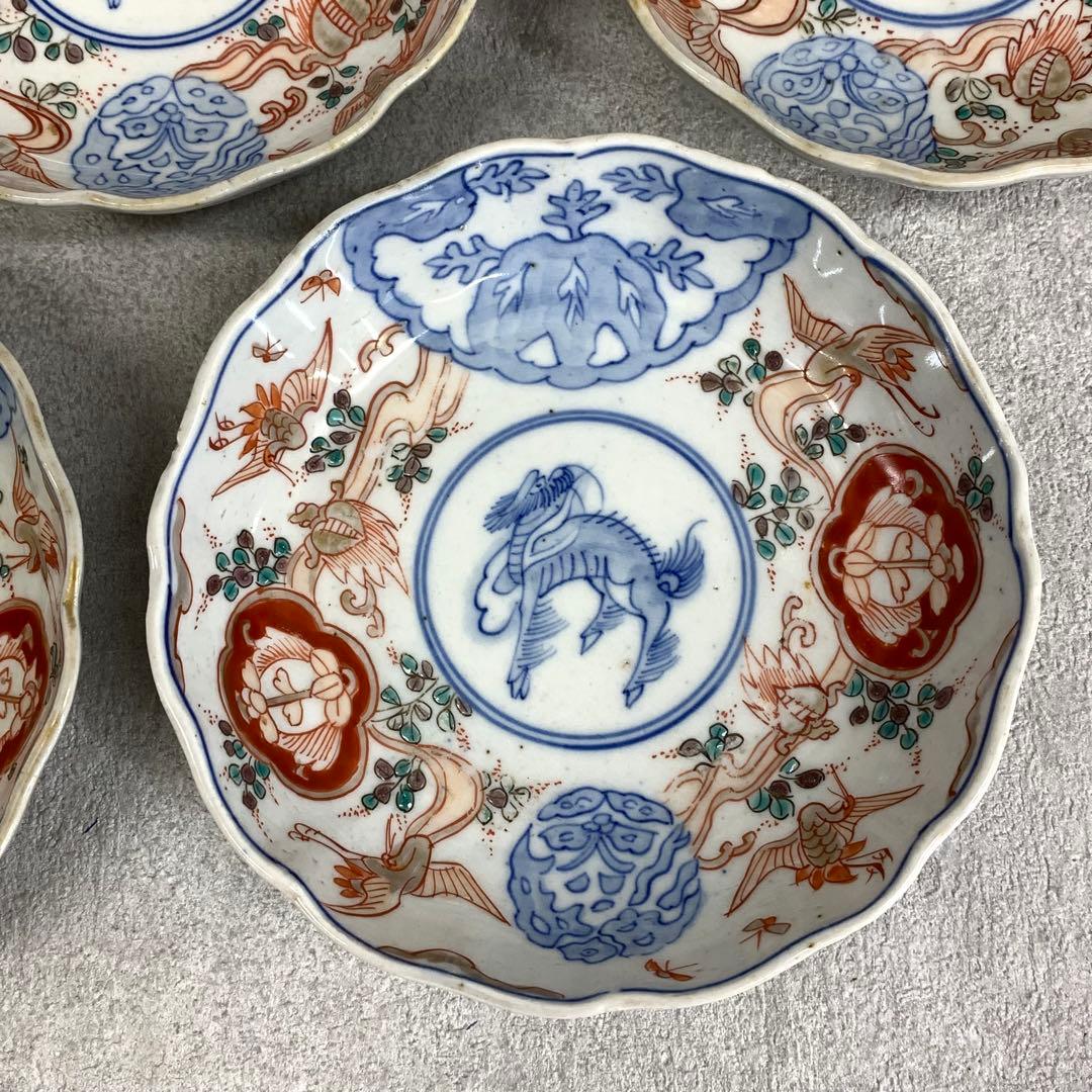 なます皿 5点 直径13.1cm 鶴亀 蝶 色絵 古皿 伊万里 有田 13