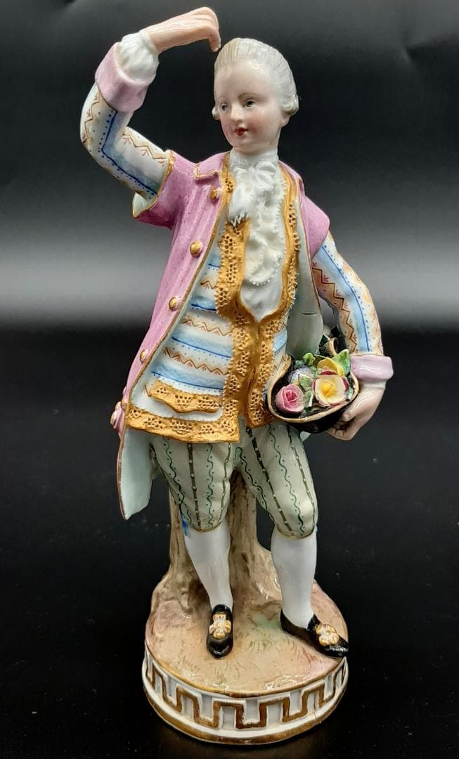 古マイセン大型フィギュリン『花摘みの男』美品◆1級品 ボタン剣アンティーク