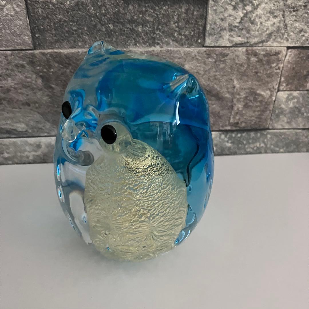 津軽びいどろ　フクロウ　梟　鳥　水色　ブルー　ガラス置物　クリスタル　硝子細工