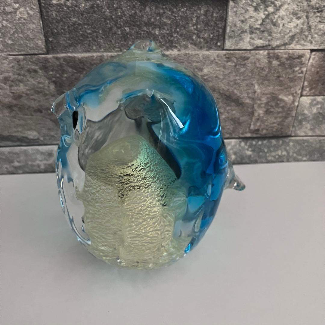 津軽びいどろ　フクロウ　梟　鳥　水色　ブルー　ガラス置物　クリスタル　硝子細工