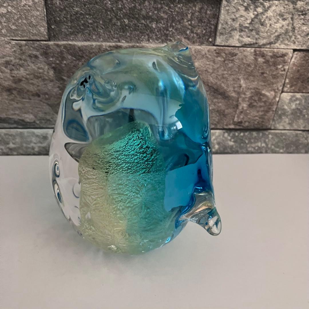 津軽びいどろ　フクロウ　梟　鳥　水色　ブルー　ガラス置物　クリスタル　硝子細工