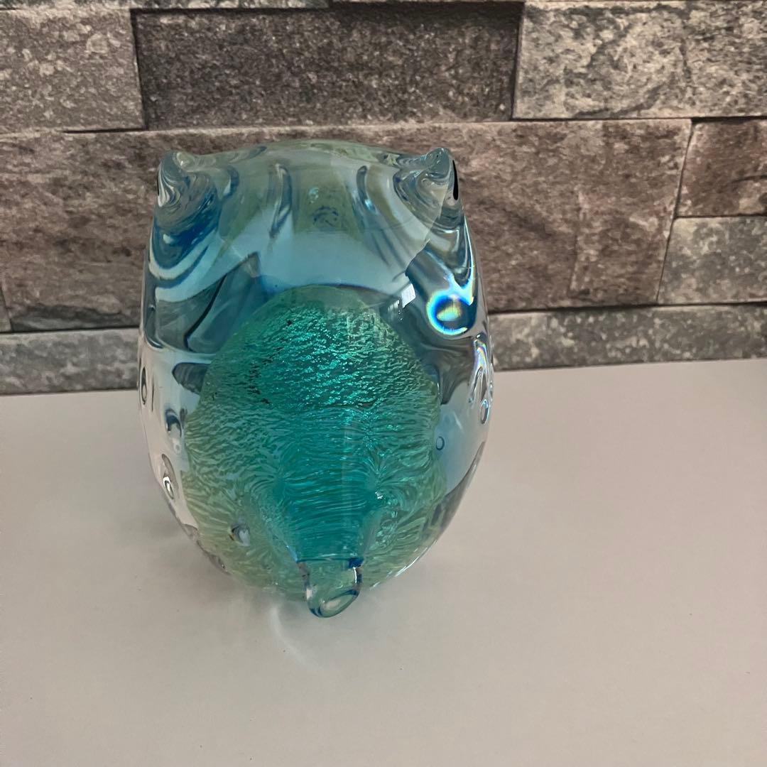 津軽びいどろ　フクロウ　梟　鳥　水色　ブルー　ガラス置物　クリスタル　硝子細工