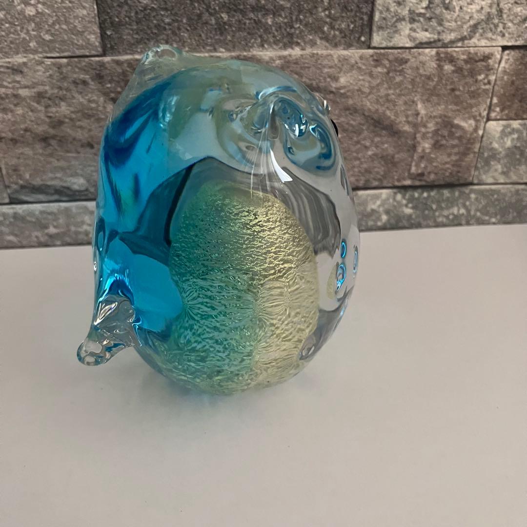 津軽びいどろ　フクロウ　梟　鳥　水色　ブルー　ガラス置物　クリスタル　硝子細工