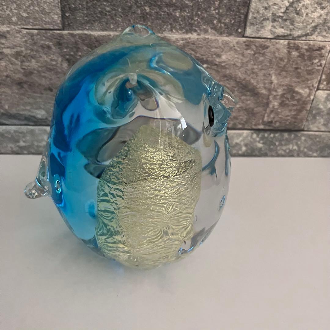 津軽びいどろ　フクロウ　梟　鳥　水色　ブルー　ガラス置物　クリスタル　硝子細工