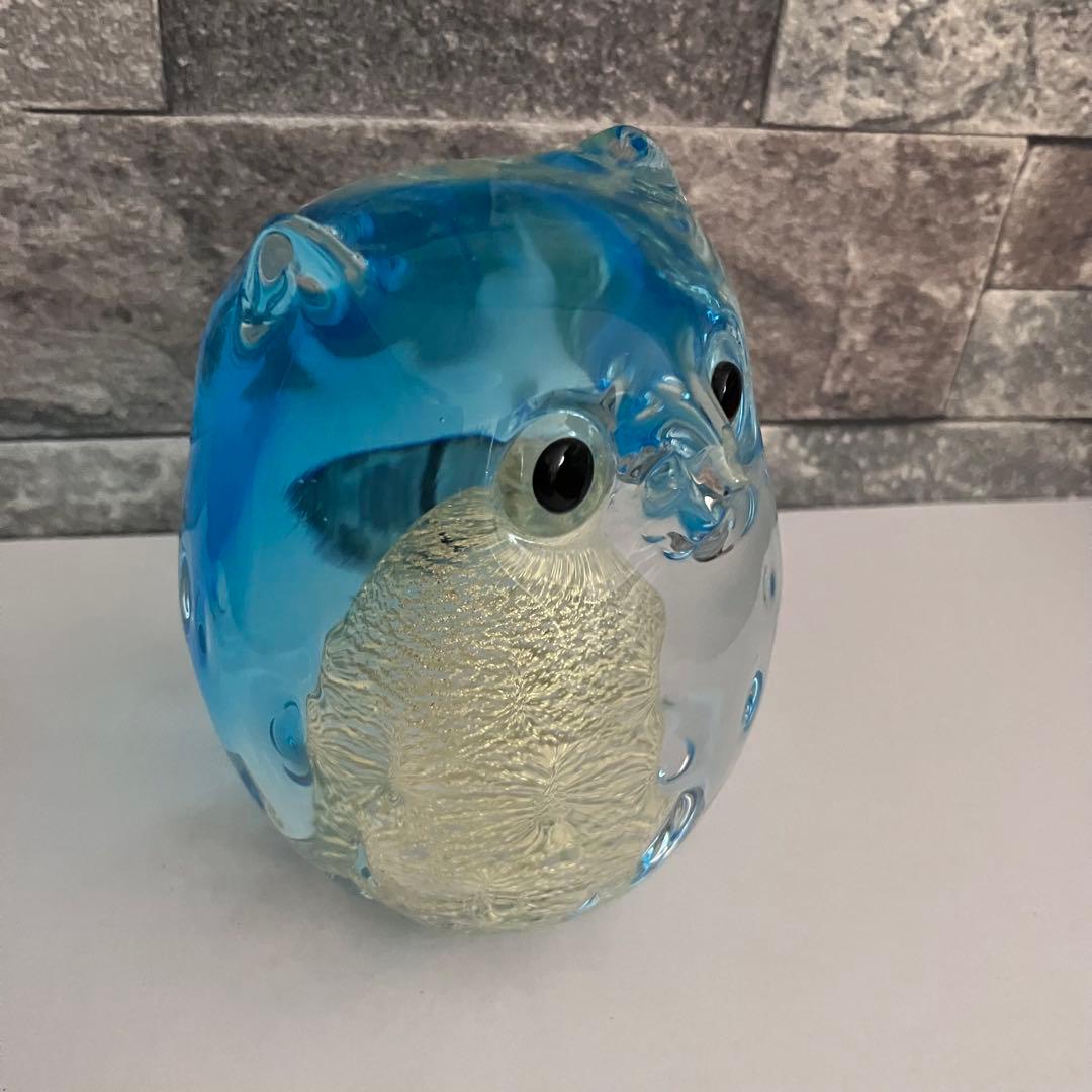 津軽びいどろ　フクロウ　梟　鳥　水色　ブルー　ガラス置物　クリスタル　硝子細工