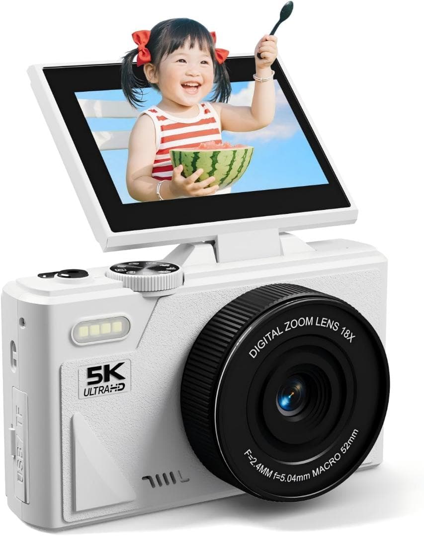 ☆ホワイト デジタルカメラ 5K 録画 7500万画素 Wi-Fi SDカード付