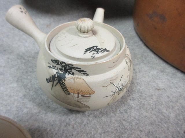萬古焼 色絵 風景図 煎茶器セット 茶櫃付き [B25249]