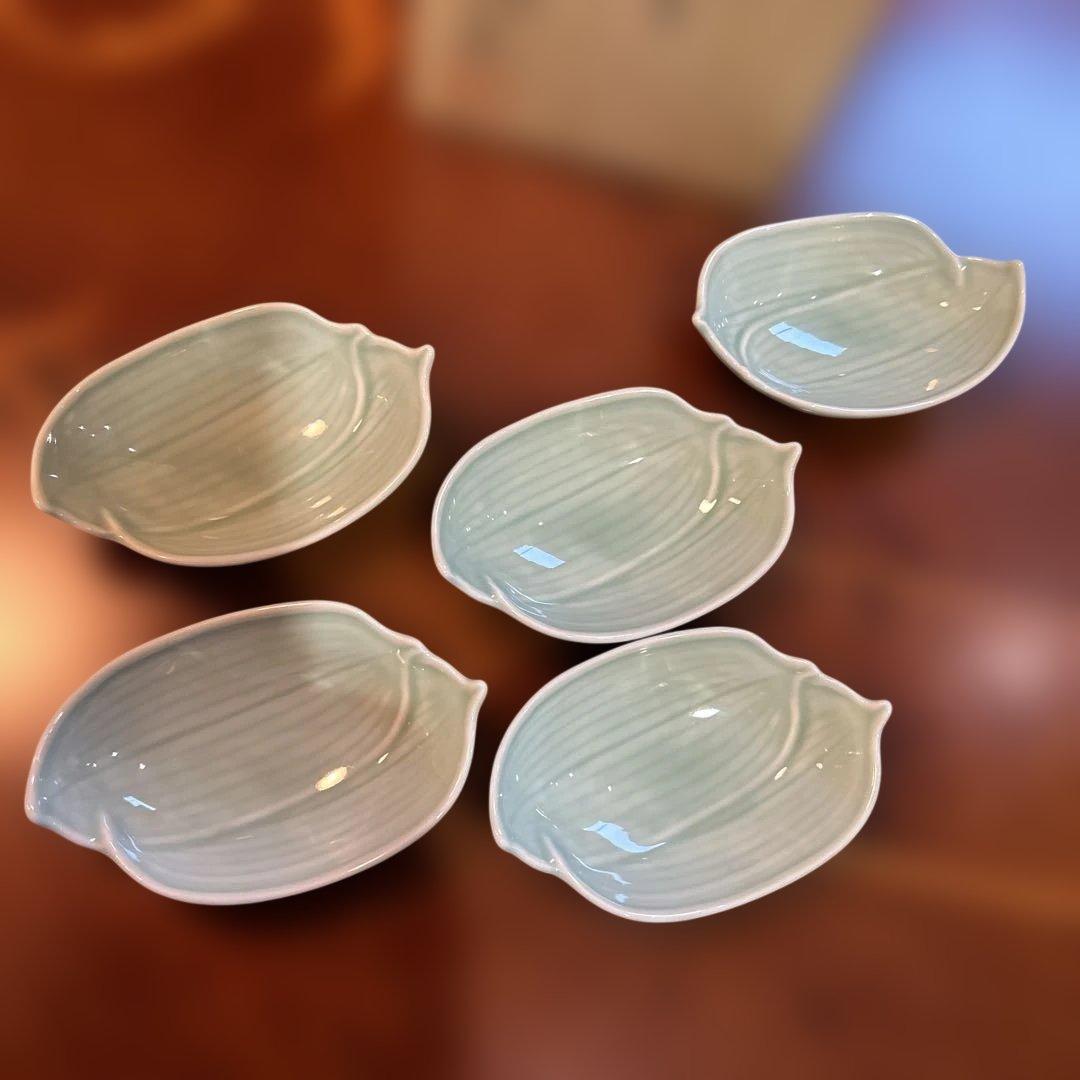 お値下げ、深川製磁、百年庵、笹青磁、笹彫刻千代口揃、箱入り未使用