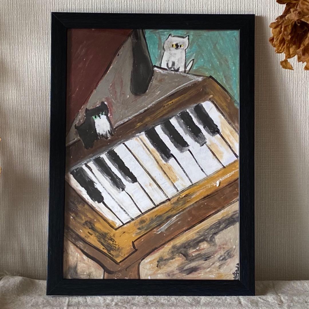 絵画。壁掛け原画【可愛い猫たちとロマンチックのピアノ曲】