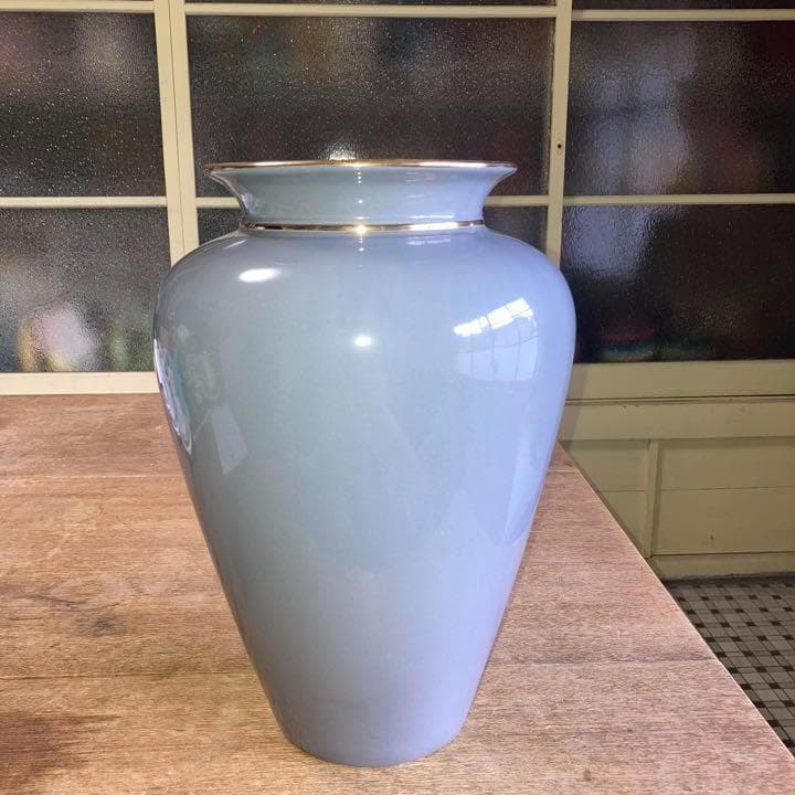 ヴィンテージ陶器トールラウンドフラワーベースLダークグレー2ゴールドラインスペイ