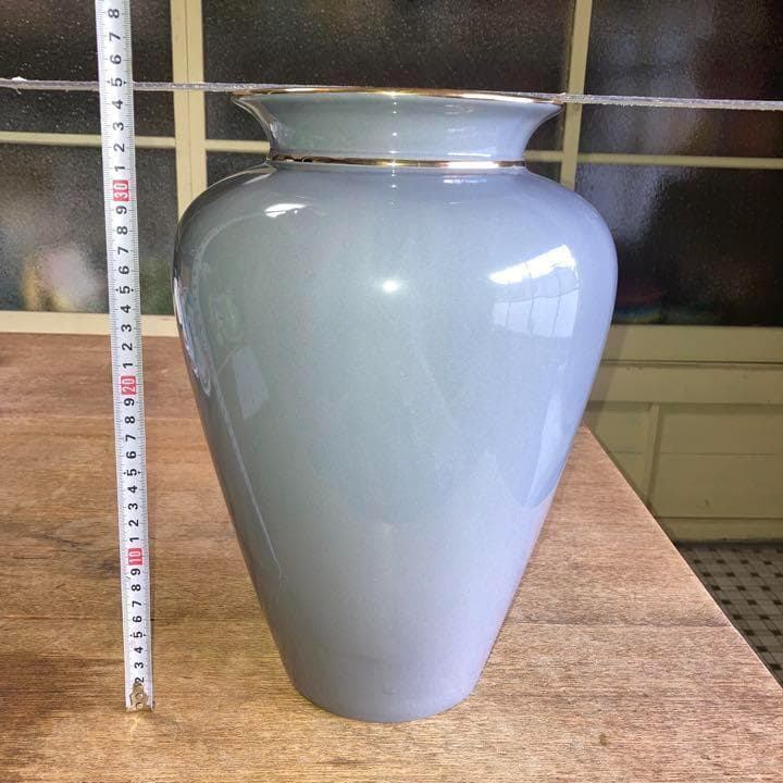 ヴィンテージ陶器トールラウンドフラワーベースLダークグレー2ゴールドラインスペイ