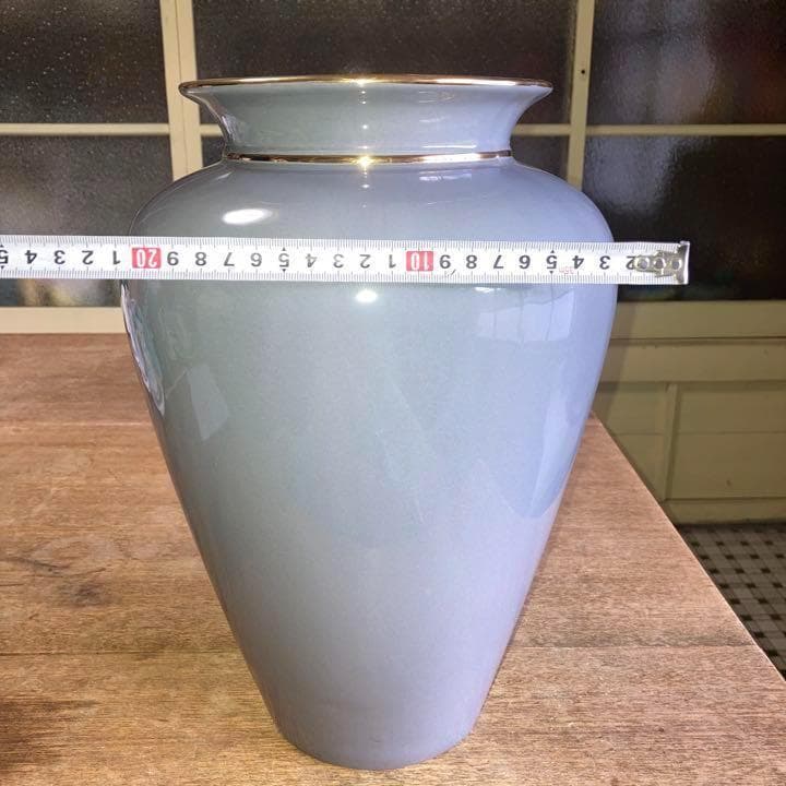 ヴィンテージ陶器トールラウンドフラワーベースLダークグレー2ゴールドラインスペイ
