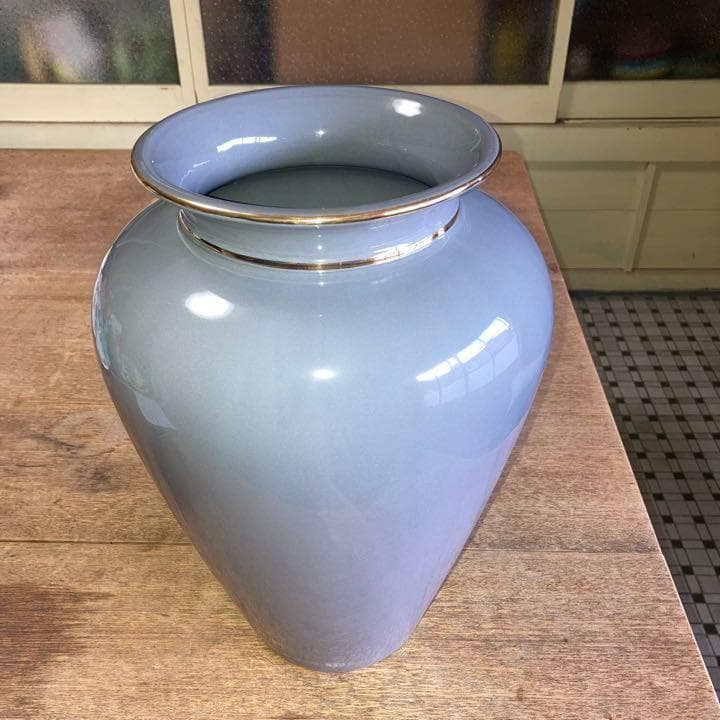 ヴィンテージ陶器トールラウンドフラワーベースLダークグレー2ゴールドラインスペイ