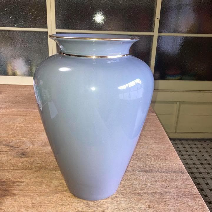 ヴィンテージ陶器トールラウンドフラワーベースLダークグレー2ゴールドラインスペイ