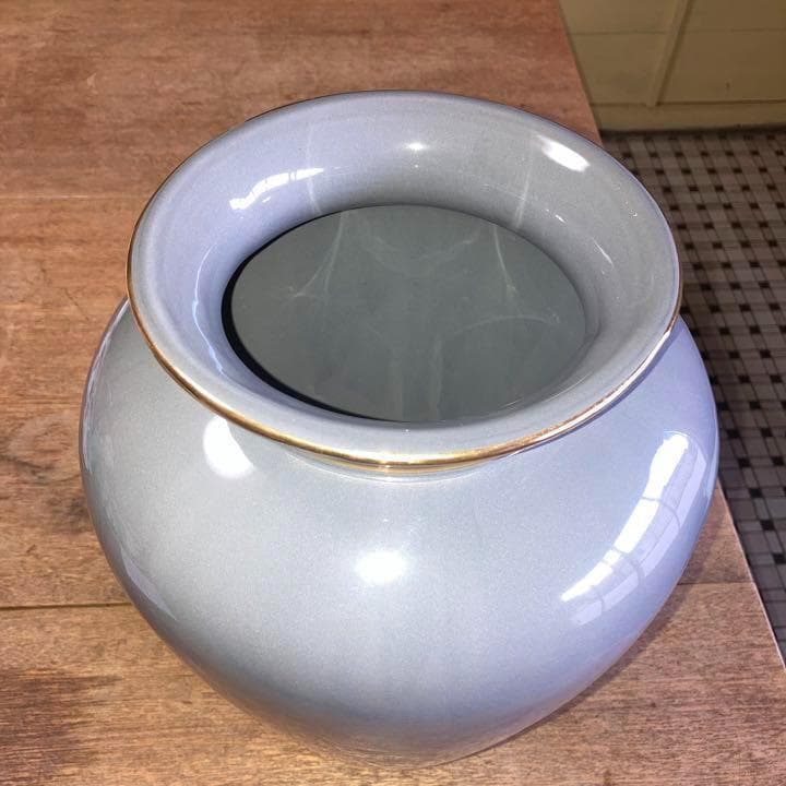 ヴィンテージ陶器トールラウンドフラワーベースLダークグレー2ゴールドラインスペイ