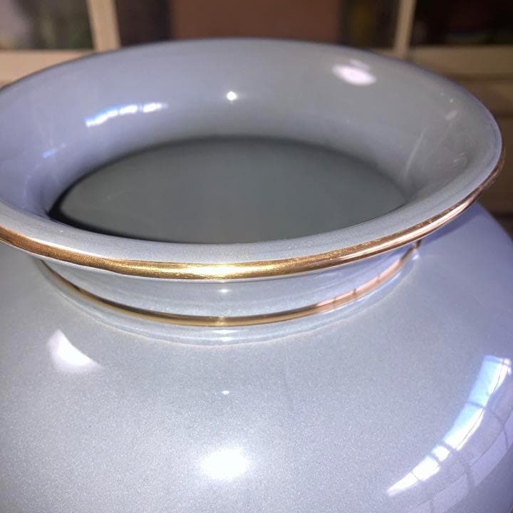 ヴィンテージ陶器トールラウンドフラワーベースLダークグレー2ゴールドラインスペイ