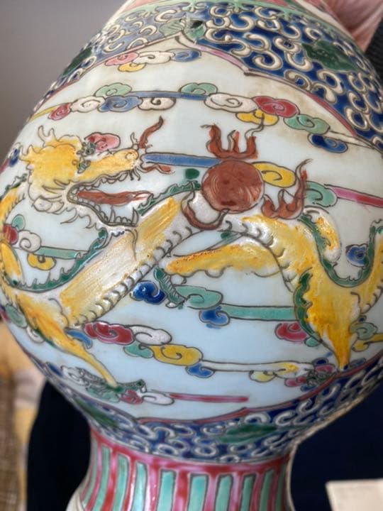 大清康熙年製款、開光龍紋玉壁底花瓶、時代物、希少、珍貴、