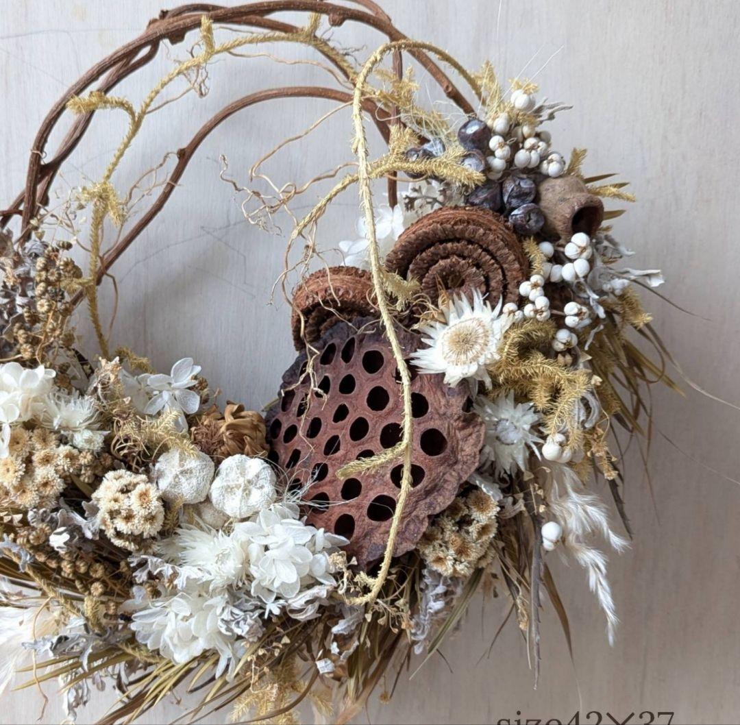 専用＊size42✕37＊ハスの実　セピアカラーの大きなドライフラワーリース