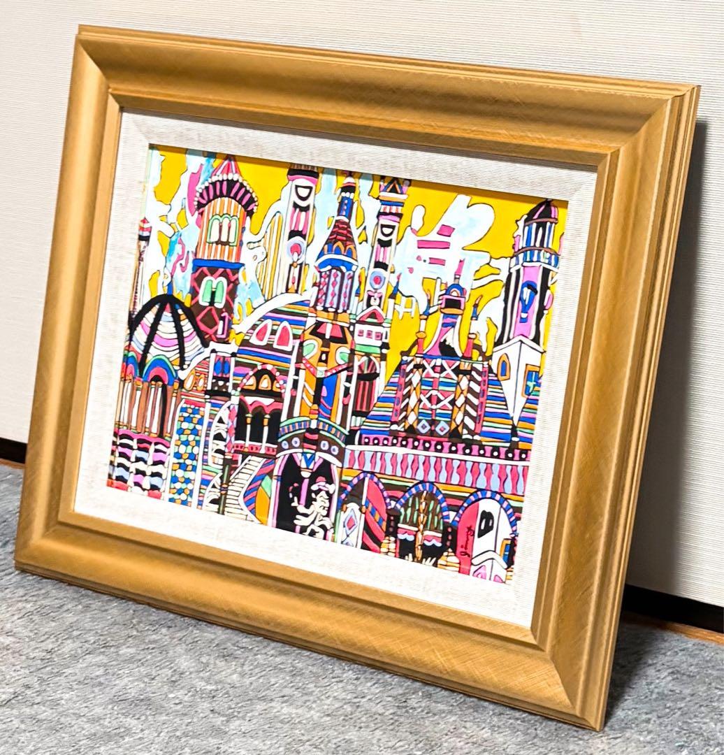 【F4号】手描き作品　ジミー大西【ランブラス通り】額縁　未使用額　サイン　落款