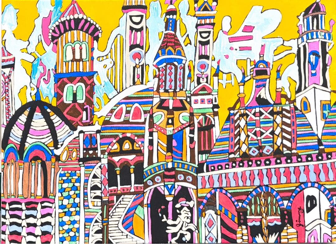 【F4号】手描き作品　ジミー大西【ランブラス通り】額縁　未使用額　サイン　落款