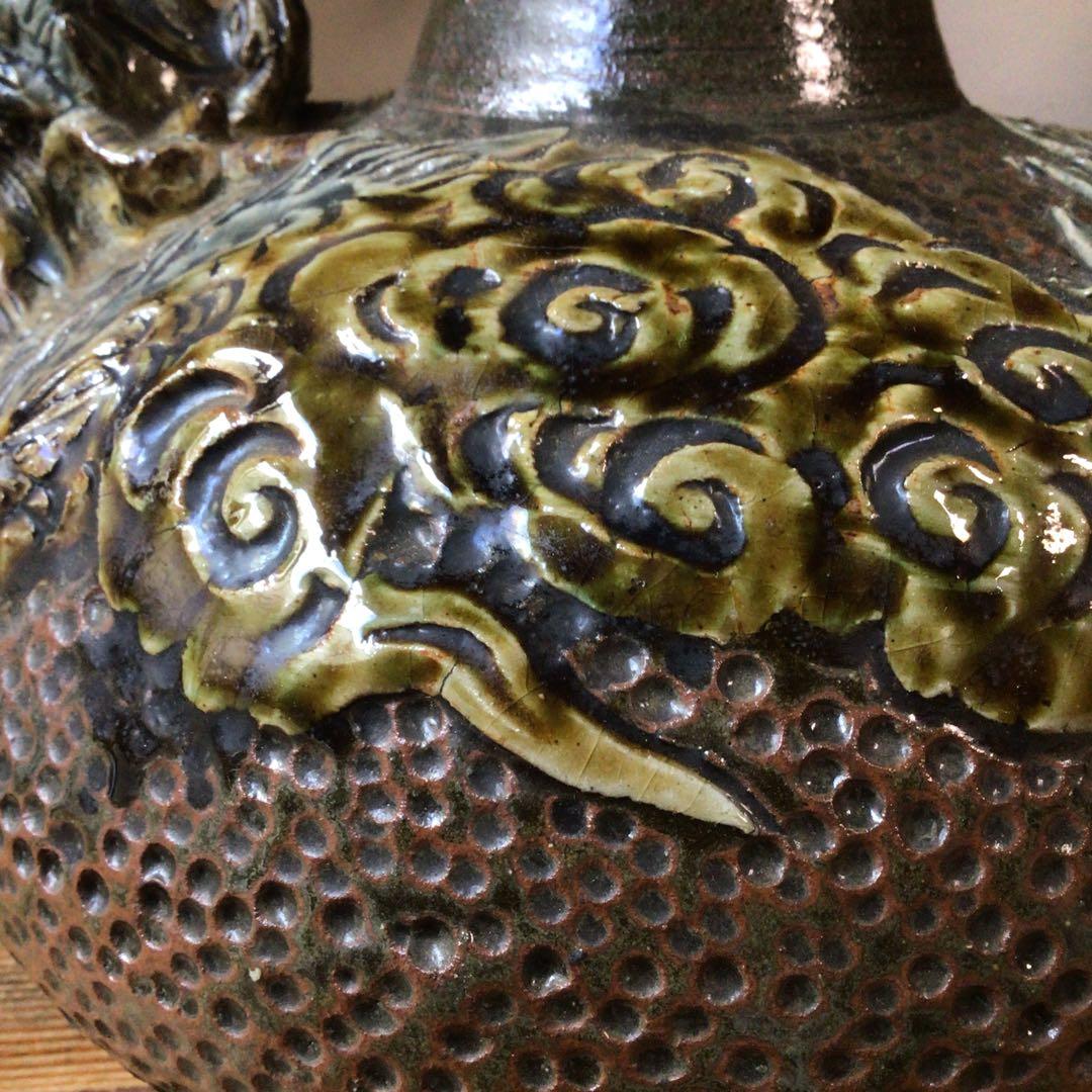 No4078 壺屋焼　浮彫雲龍文　カラカラ　酒器　沖縄　やちむん　民藝　送料無料