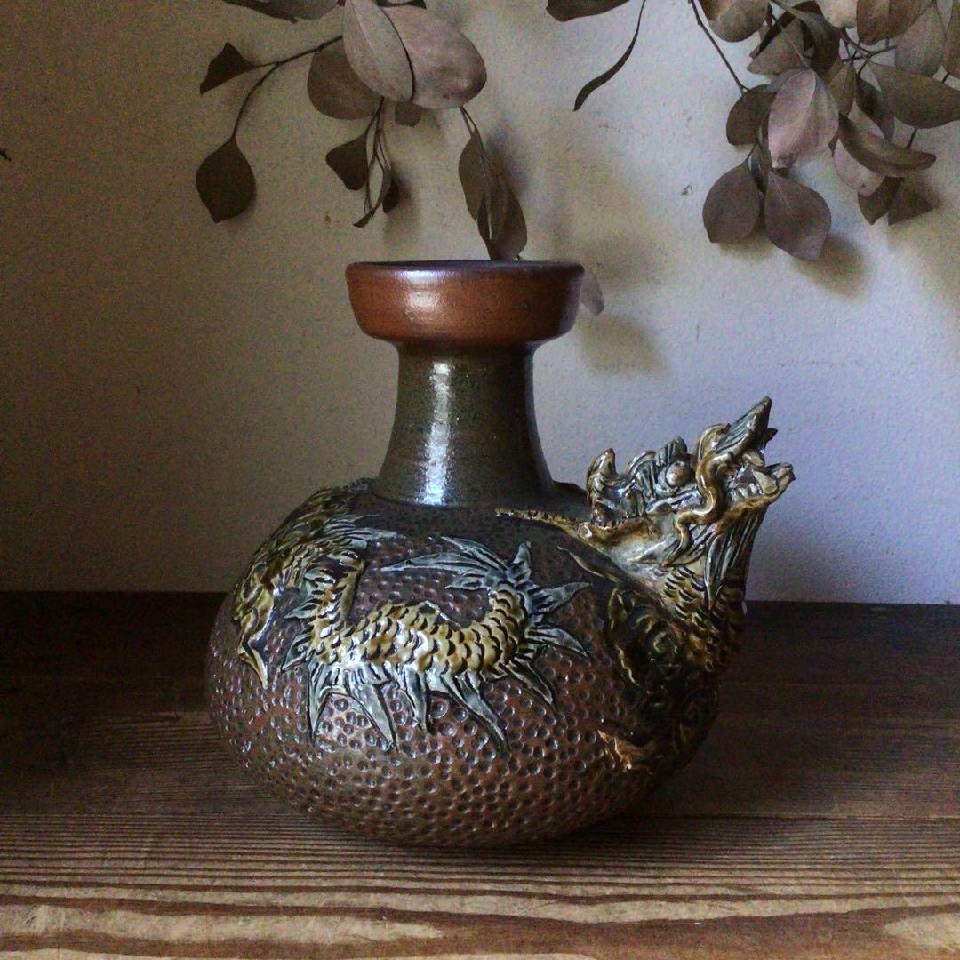 No4078 壺屋焼　浮彫雲龍文　カラカラ　酒器　沖縄　やちむん　民藝　送料無料