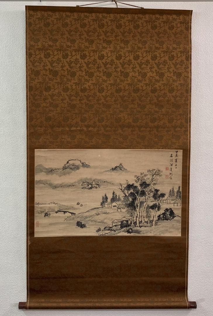 彭城百川「水墨山水」掛軸 紙本：江戸中期