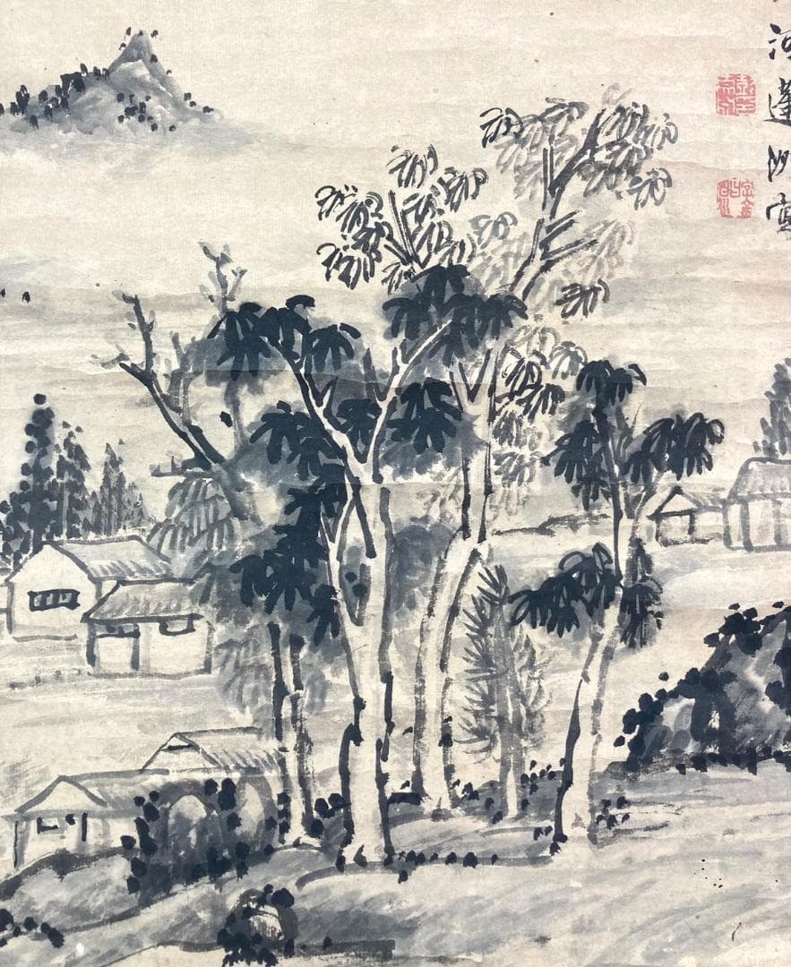 彭城百川「水墨山水」掛軸 紙本：江戸中期