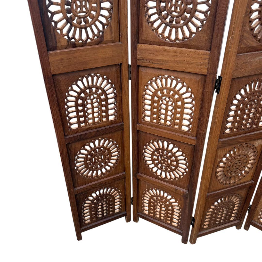 彫刻アンティーク 木製パーテーション 4連 透かし彫り 間仕切り