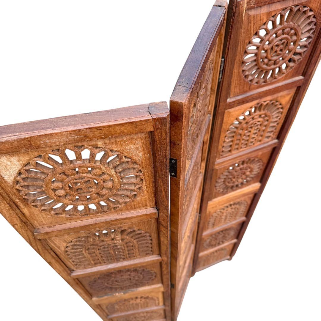 彫刻アンティーク 木製パーテーション 4連 透かし彫り 間仕切り