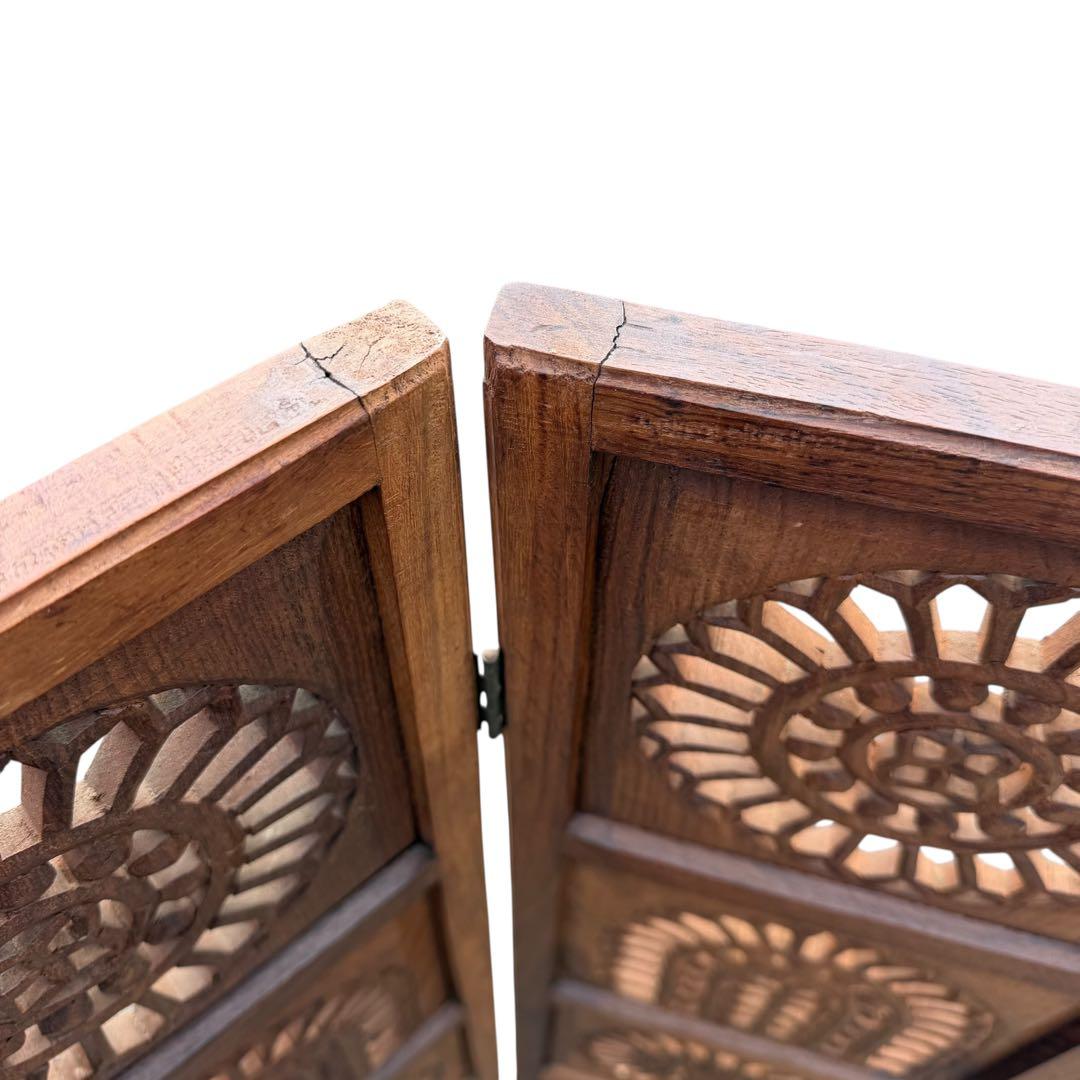 彫刻アンティーク 木製パーテーション 4連 透かし彫り 間仕切り