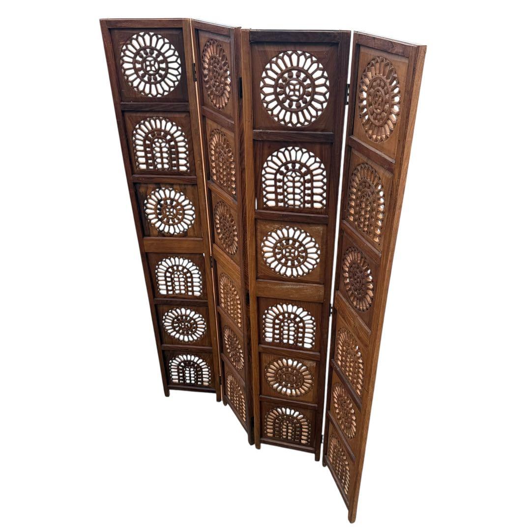 彫刻アンティーク 木製パーテーション 4連 透かし彫り 間仕切り