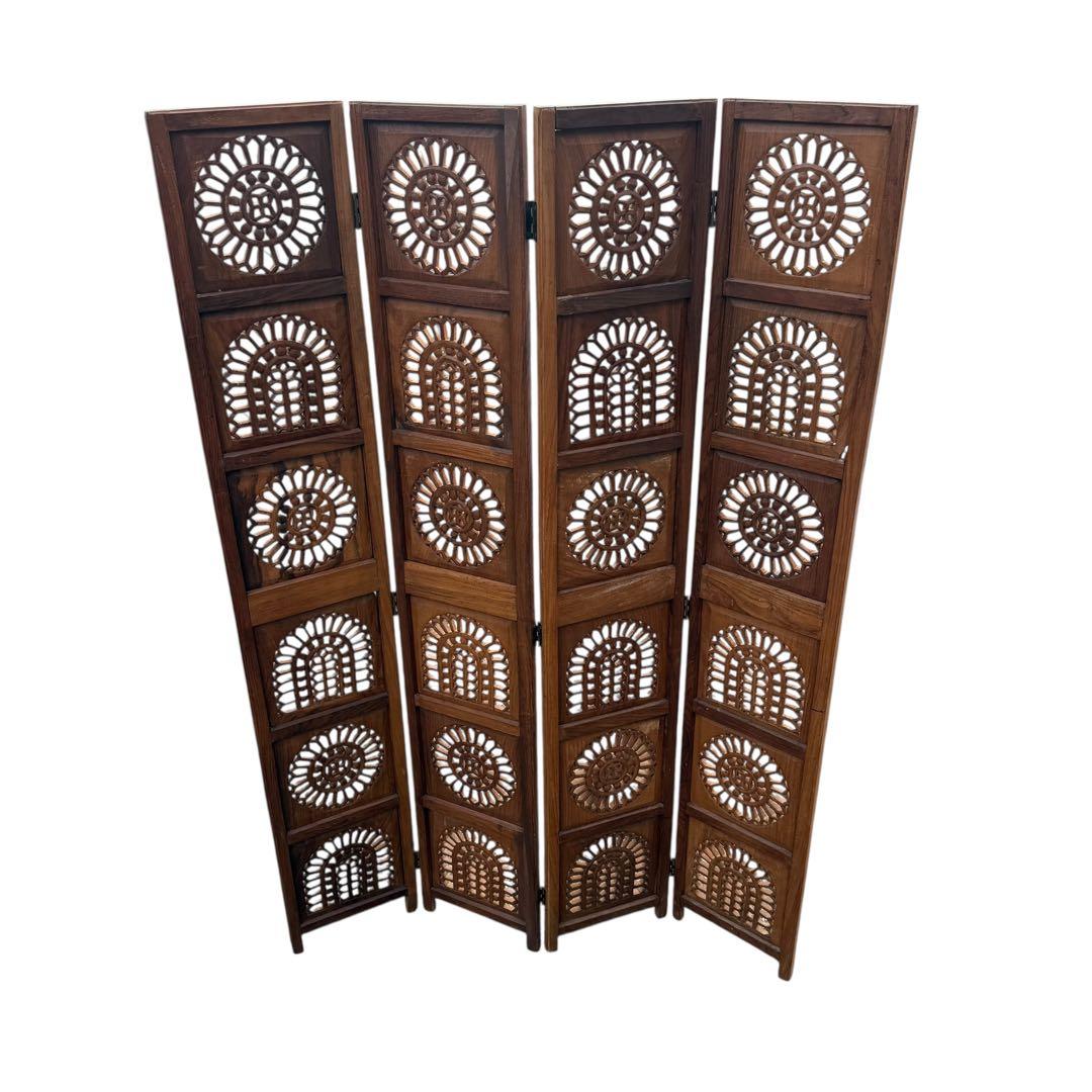 彫刻アンティーク 木製パーテーション 4連 透かし彫り 間仕切り