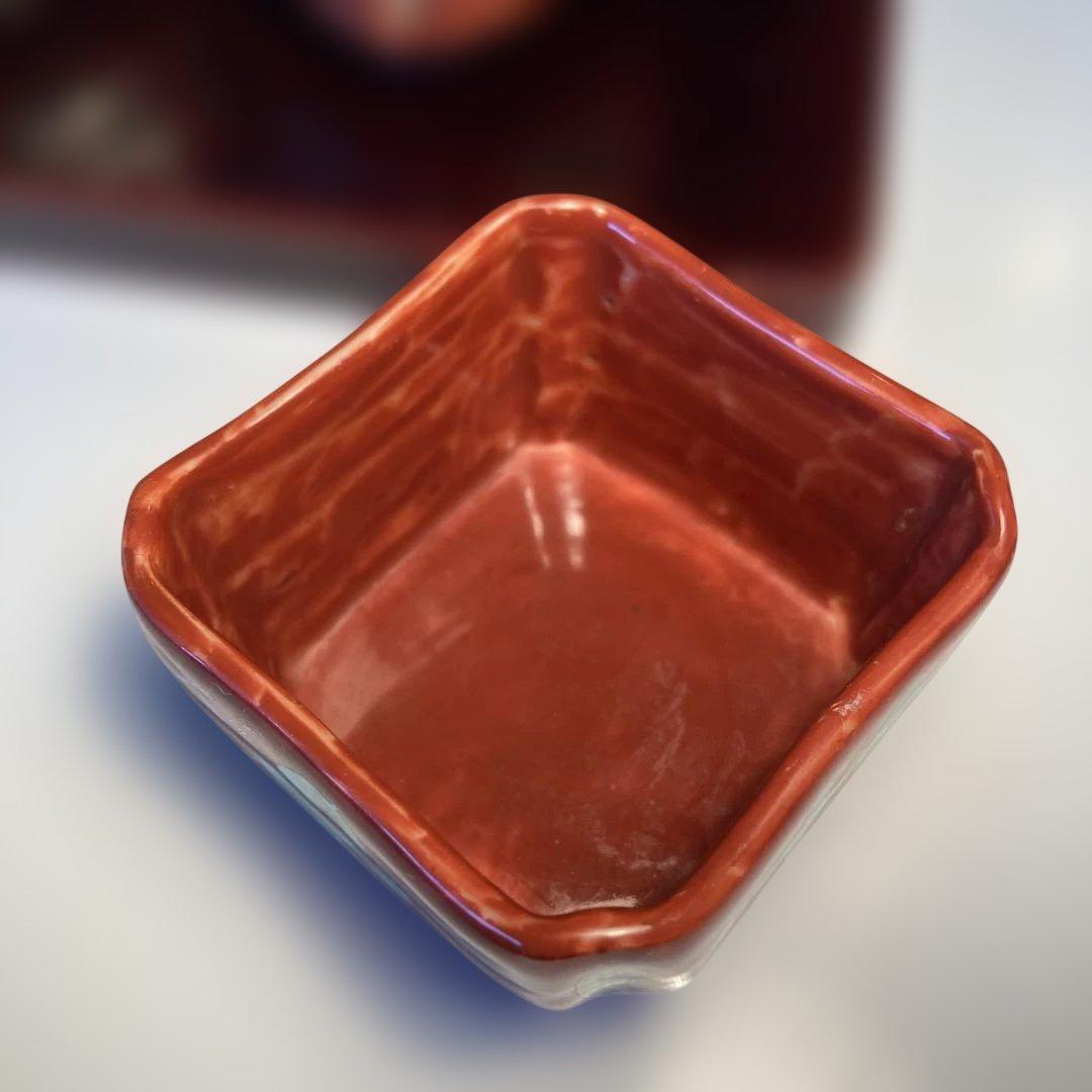 九谷焼　須田菁華　赤地緑彩　四角小鉢　5客揃い　（76）