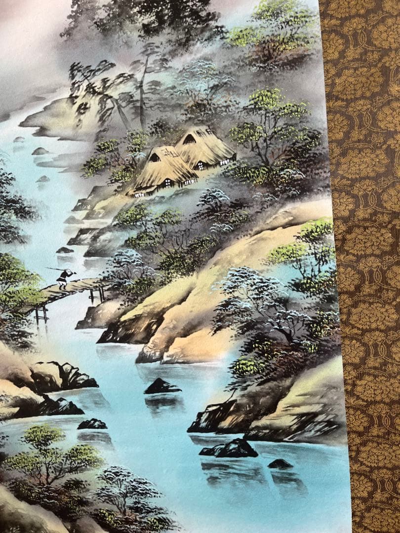 掛軸　彩色山水　美術品　絵画　インテリア　水墨画