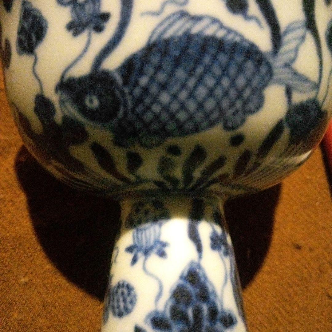中国陶磁器　明宣徳年製 脚付き陶器ボウル 魚模様