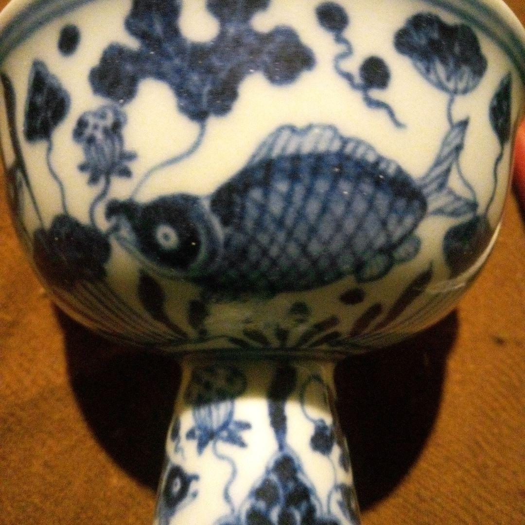 中国陶磁器　明宣徳年製 脚付き陶器ボウル 魚模様